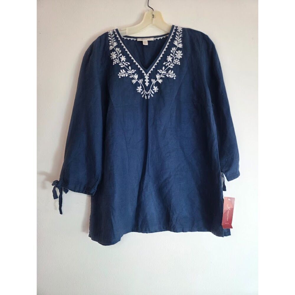 JM Collection Blue w/White Floral Embroidery V-Neck 100% Linen Blouse size 10